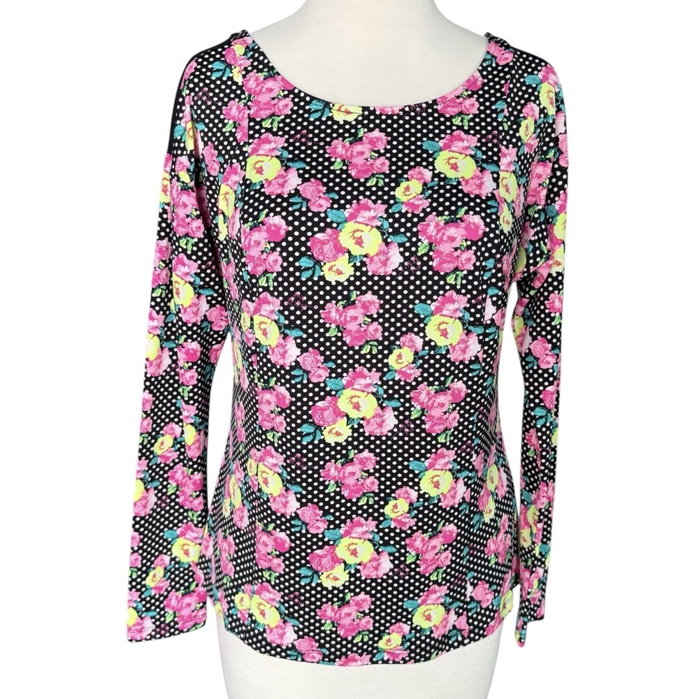 Betsey Johnson Women's Small Floral Polka Dot Long Sleeve Top Blouse Pink Black
